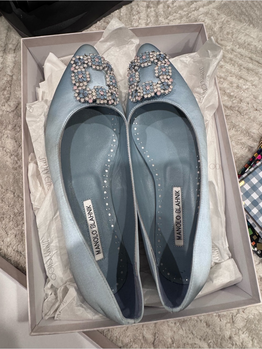 Manolo Blahnik Light Blue Satin Embellished Flats